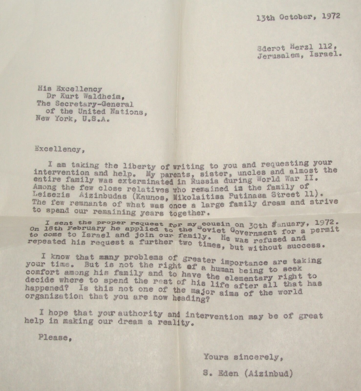 Letter Jewish Judaica 1972 Hebrew Zionist Soviet Lithuania Russia Jews Israel