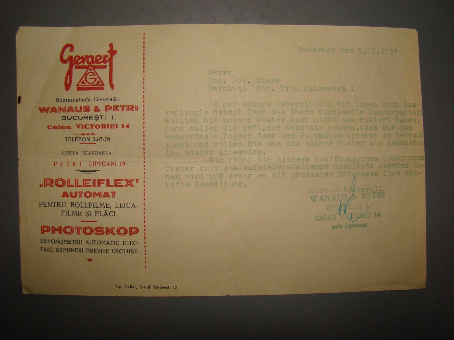 GEVAERT Film Photo Camera Company Letter Logo Advertise 1934 Business Card