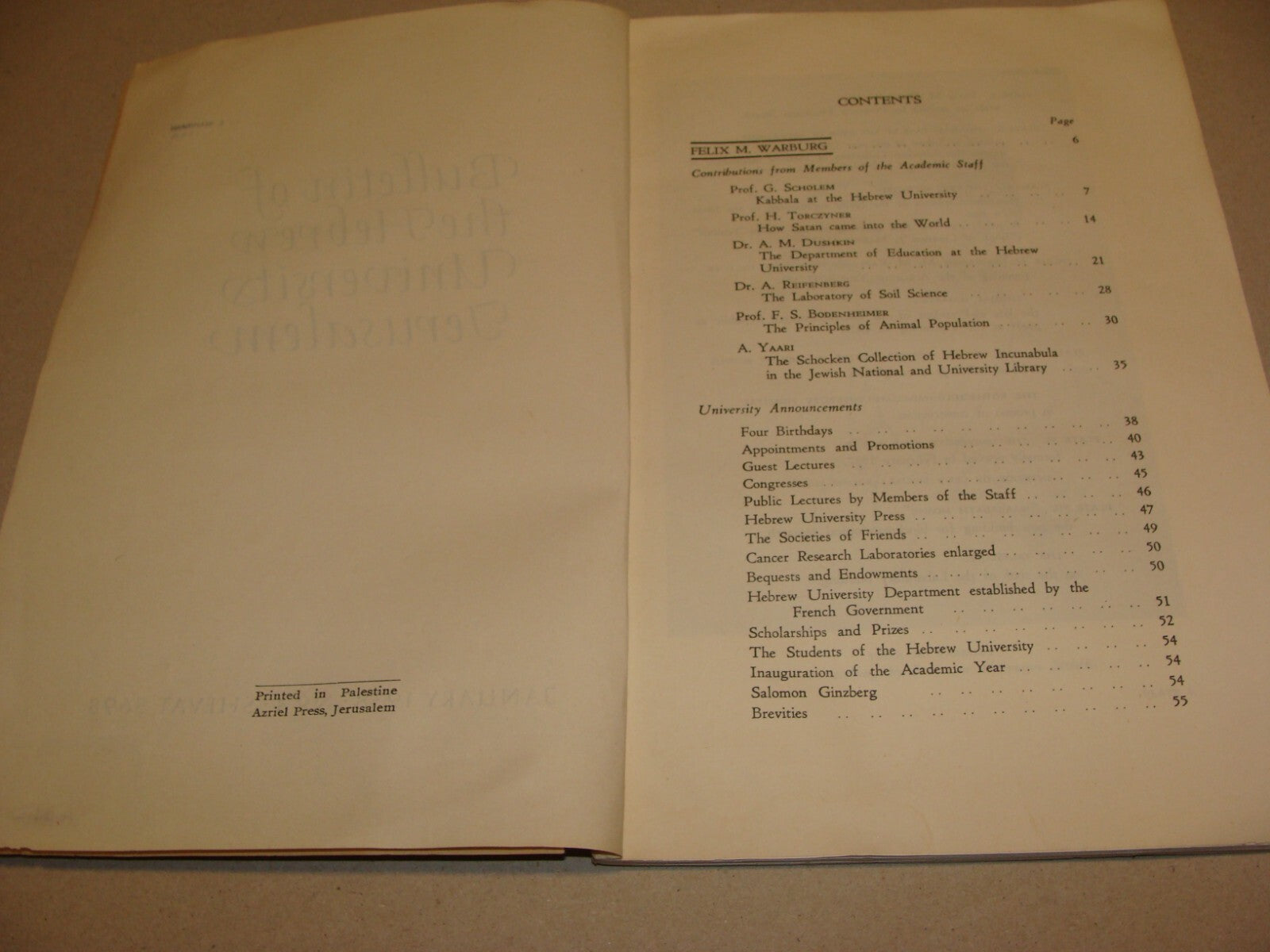 Bulletin Palestine Jewish Judaica 1938 Israel Jerusalem Hebrew University