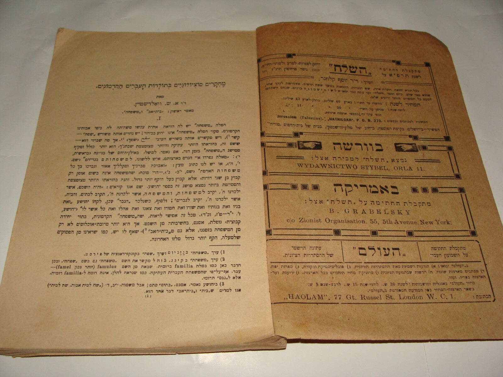 Jewish Palestine Israel Hebrew 1921 Dr Joseph Klausner Monthly השלח History