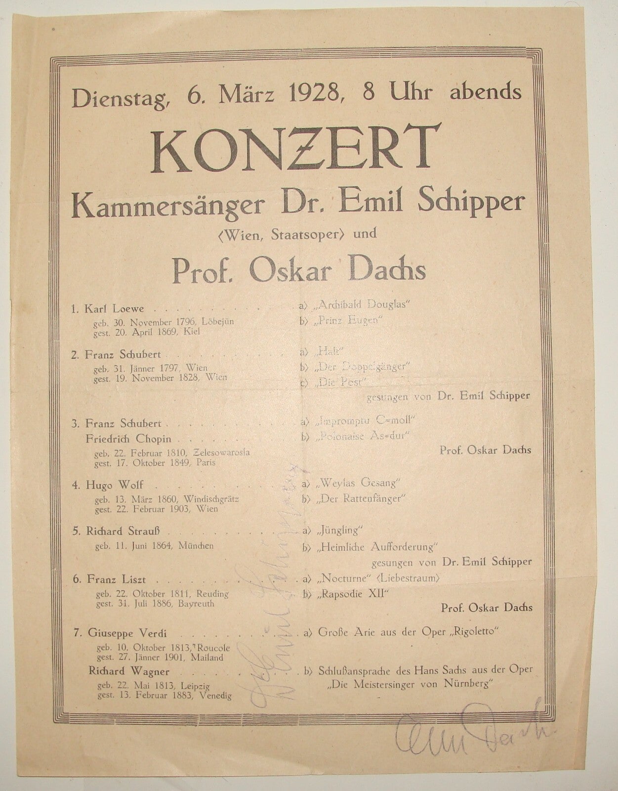 EMIL SCHIPPER SIGNED AUTOGRAPH OSKAR DACHS 1928 Austria Wien Concert Piano Opera