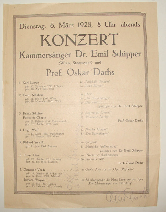 EMIL SCHIPPER SIGNED AUTOGRAPH OSKAR DACHS 1928 Austria Wien Concert Piano Opera