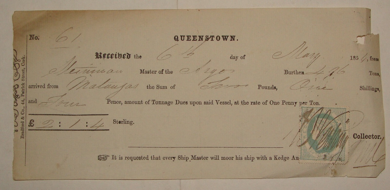 Ireland Cobh Queenstown Cork Payment Cheque Receipt One Penny Stamp 1854
