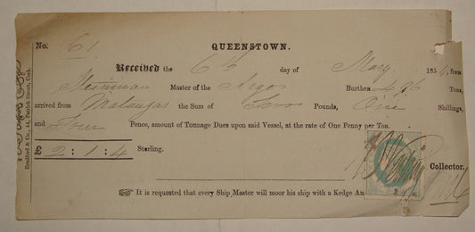 Ireland Cobh Queenstown Cork Payment Cheque Receipt One Penny Stamp 1854