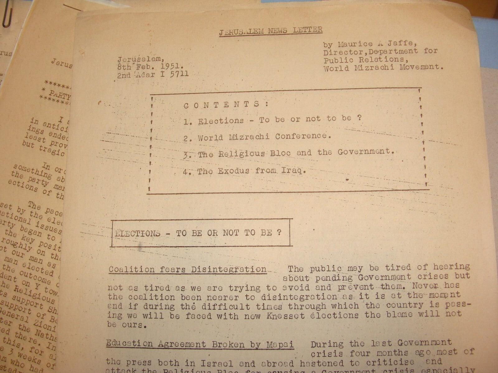 Letter Jewish RARE 1950-51 Israel Rabbi MAURICE JAFFE Jerusalem News x6 Zionist