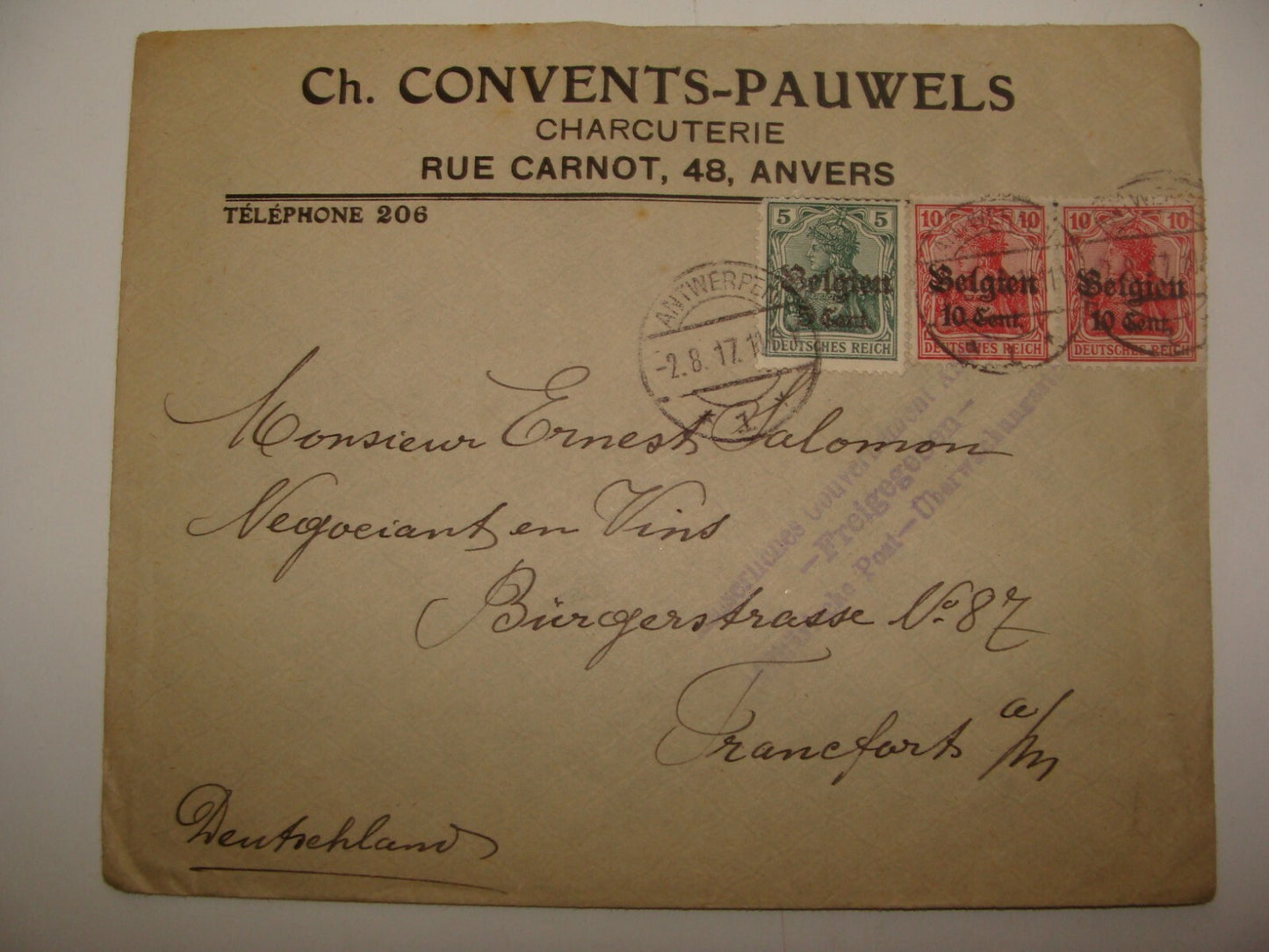 Germany 1917 Belgium Antwerp Anvers Stamp Cover Charcuterie Company To