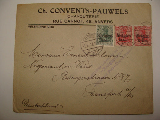 Germany 1917 Belgium Antwerp Anvers Stamp Cover Charcuterie Company To