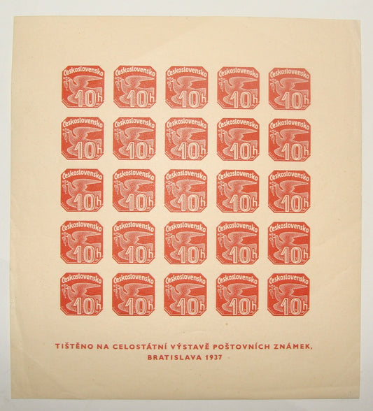 Czechoslovakia 1937 MNH Mi Block 2 Sc P26 Bratislava Philatelic Exhibition Issue