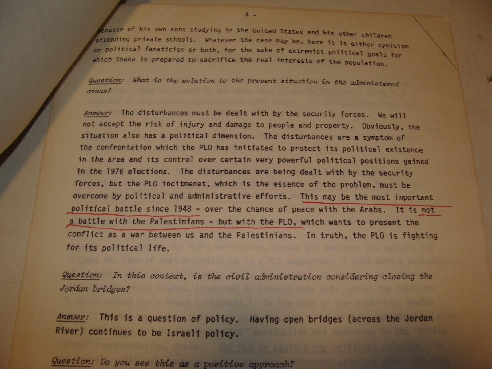 Jewish ISRAEL 1982 Israeli Foreign Affairs Brief Arab West Bank Palestine PLO