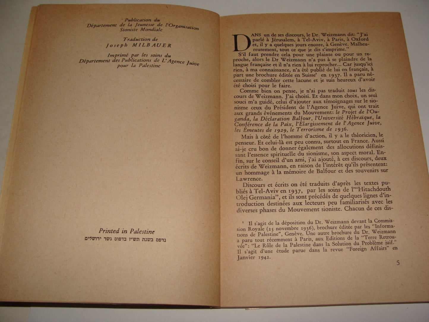 Book Jewish Judaica 1946 Palestine Israel CHAIM WEIZMANN French Zionism