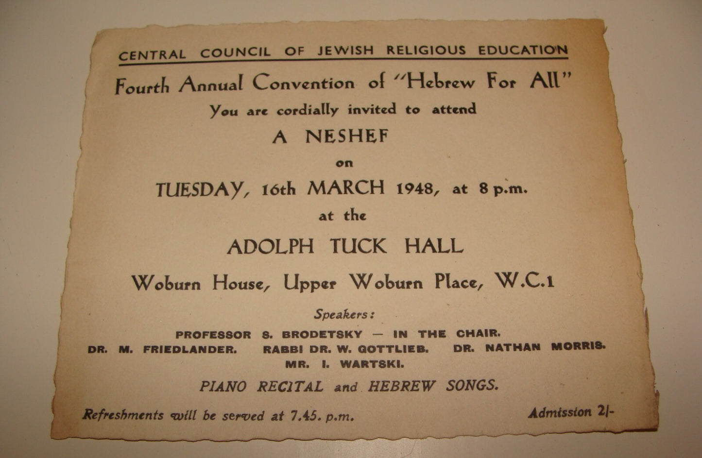 Card Jewish Judaica 1948 UK Britain England London Religious Education Hebrew