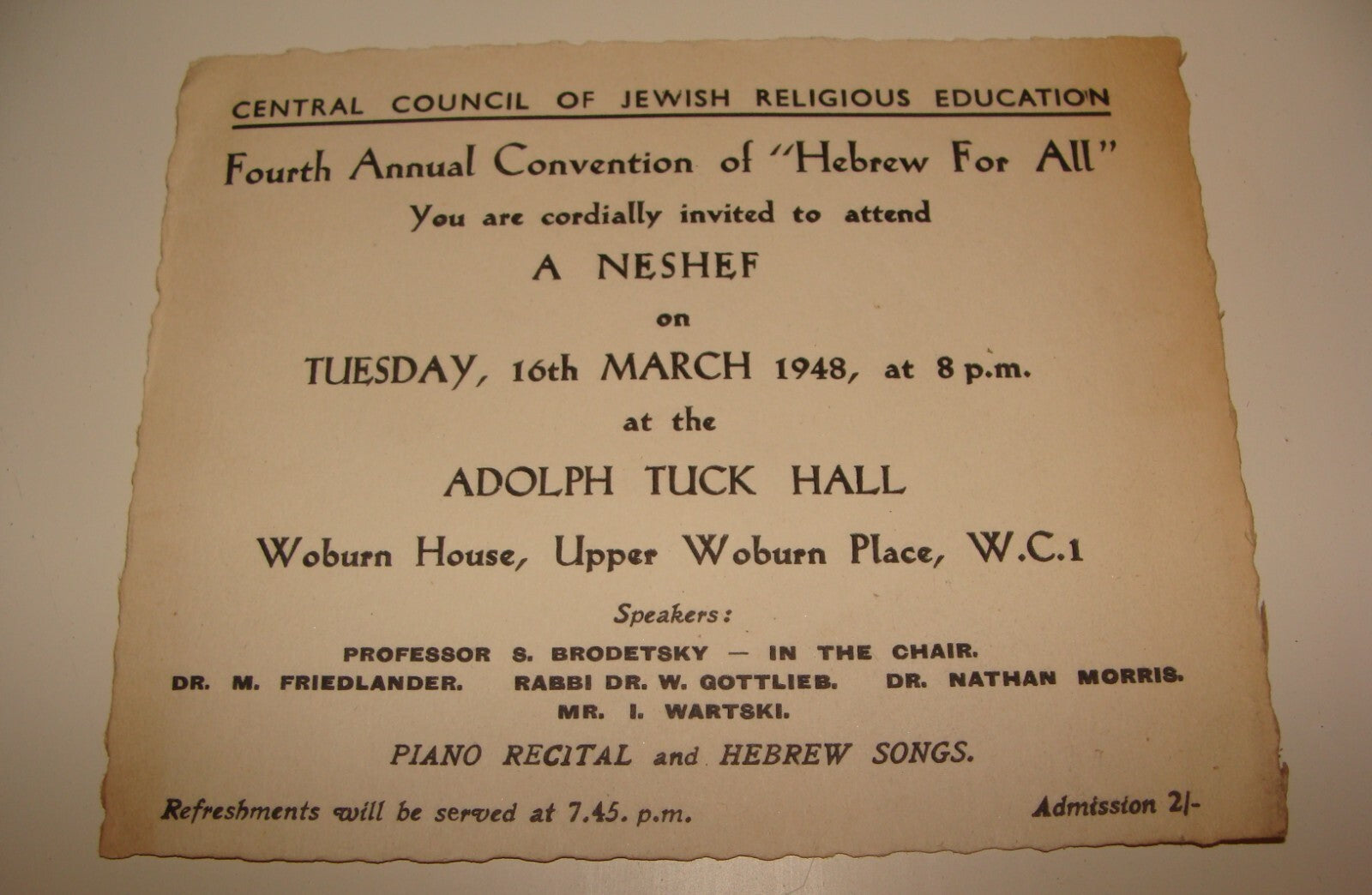 Card Jewish Judaica 1948 UK Britain England London Religious Education Hebrew