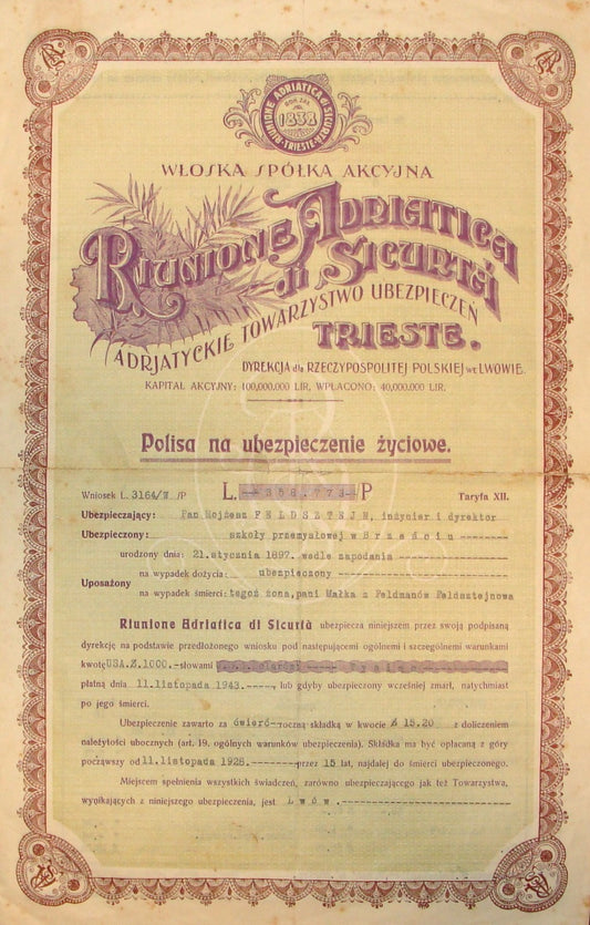 Palestine RIUNIONE ADRIATICA DI SICURTA TRIESTE Insurance Policy 1930s