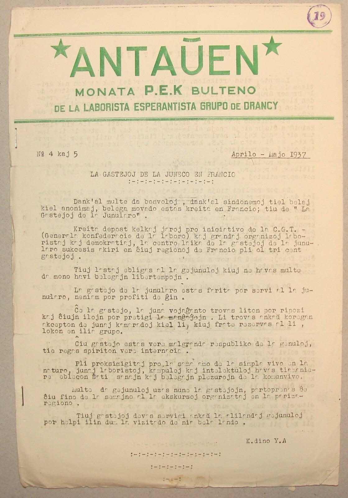 RARE 1937 ESPERANTO Language Bulletin France Drancy ANTAUEN