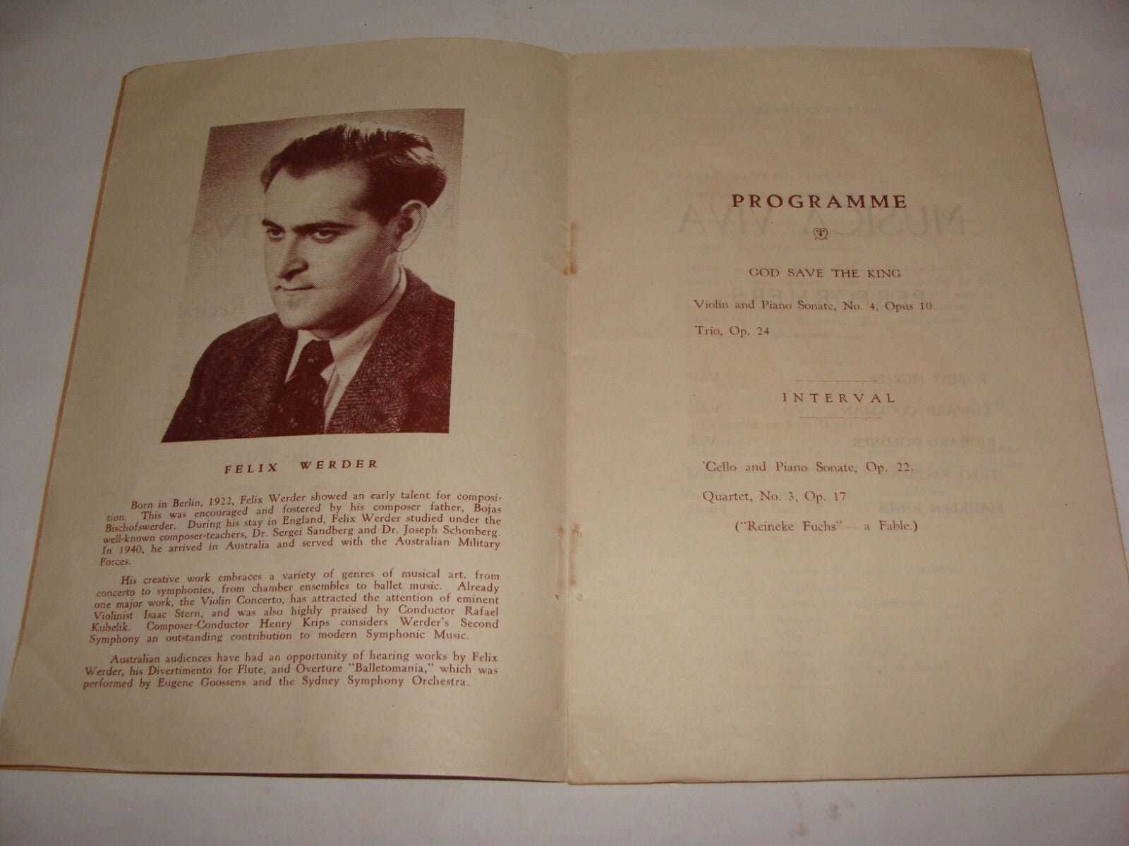 Jewish Judaica 1949? Felix Werder Australia Classical Chamber Music Program