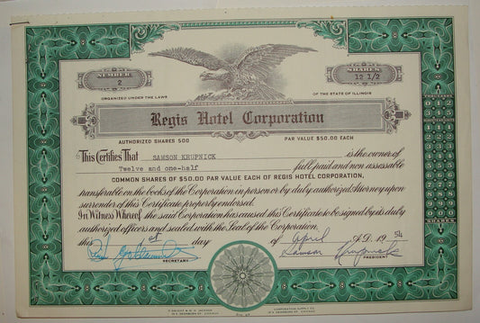 Regis Hotel Corporation Share Certificate 1954 Chicago American United States