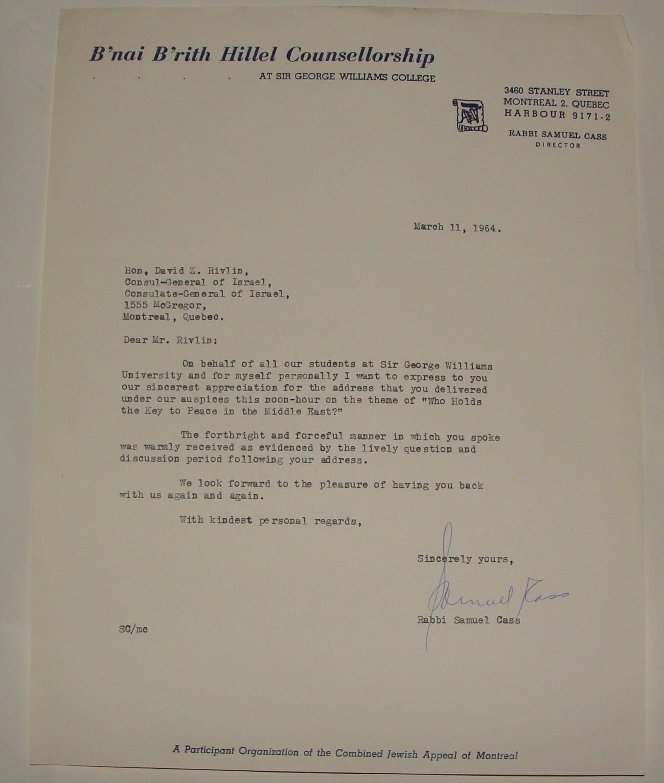 Letter Jewish Judaica Rabbi Samuel Cass Signed Canada Bnai Brith Montreal Hillel