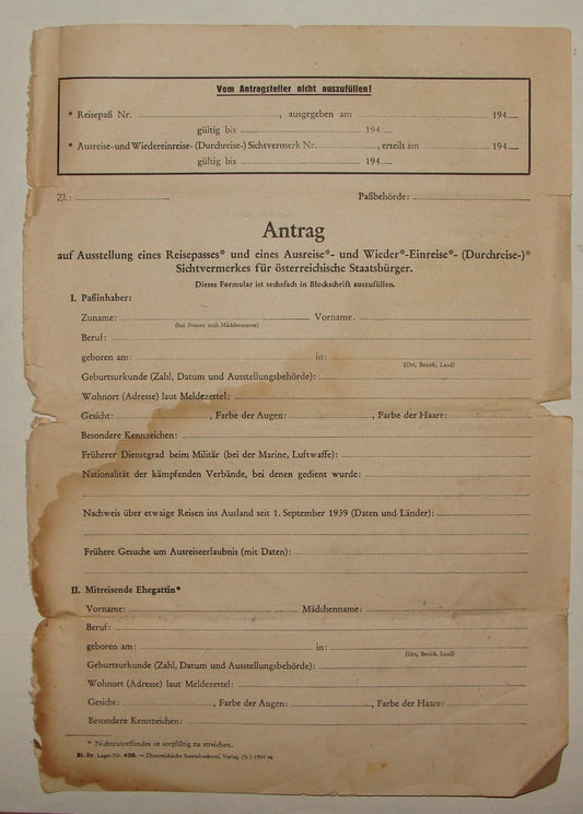 1940s WWII Austria Passport Visa Application Form Reisepass German