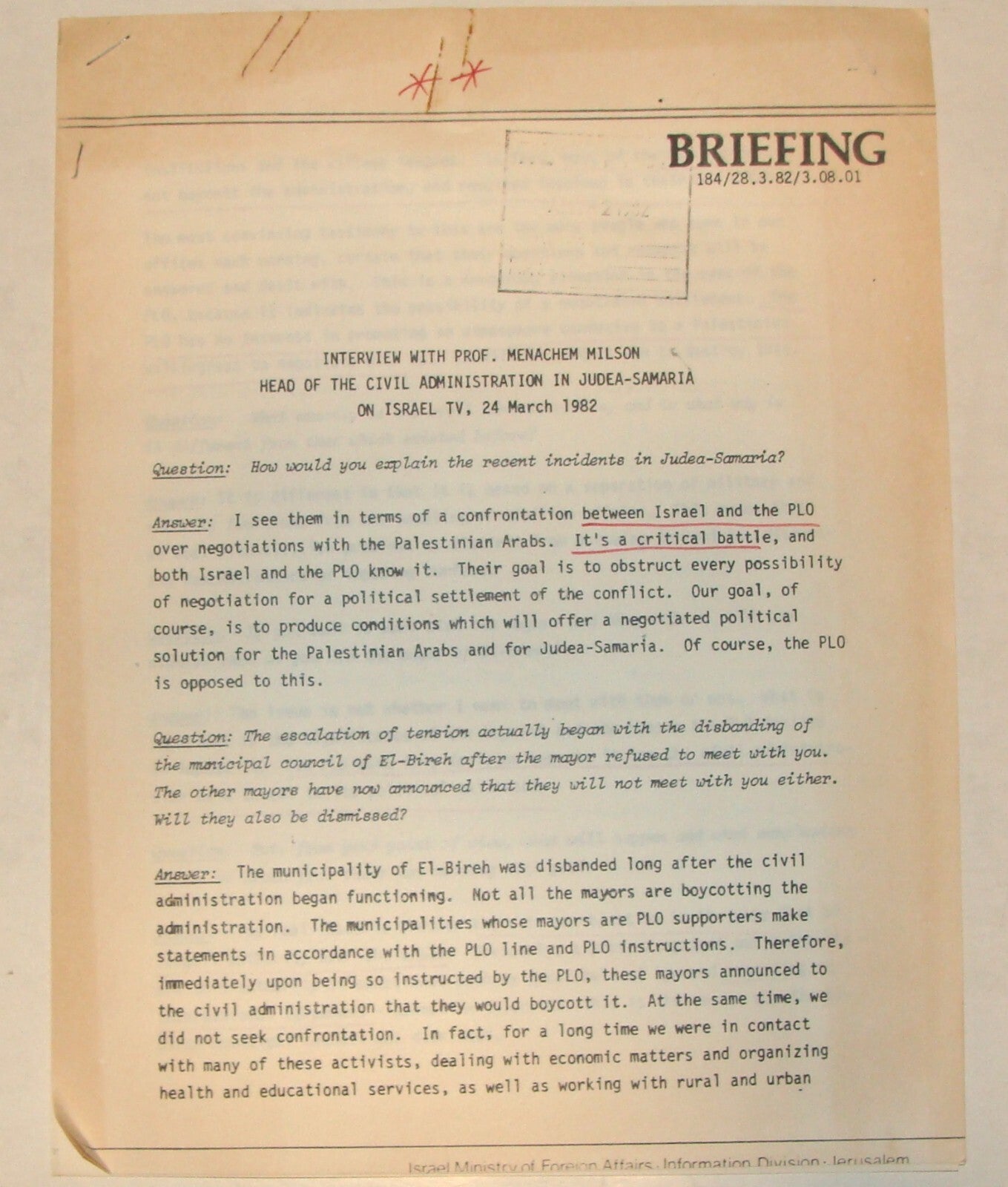 Jewish ISRAEL 1982 Israeli Foreign Affairs Brief Arab West Bank Palestine PLO