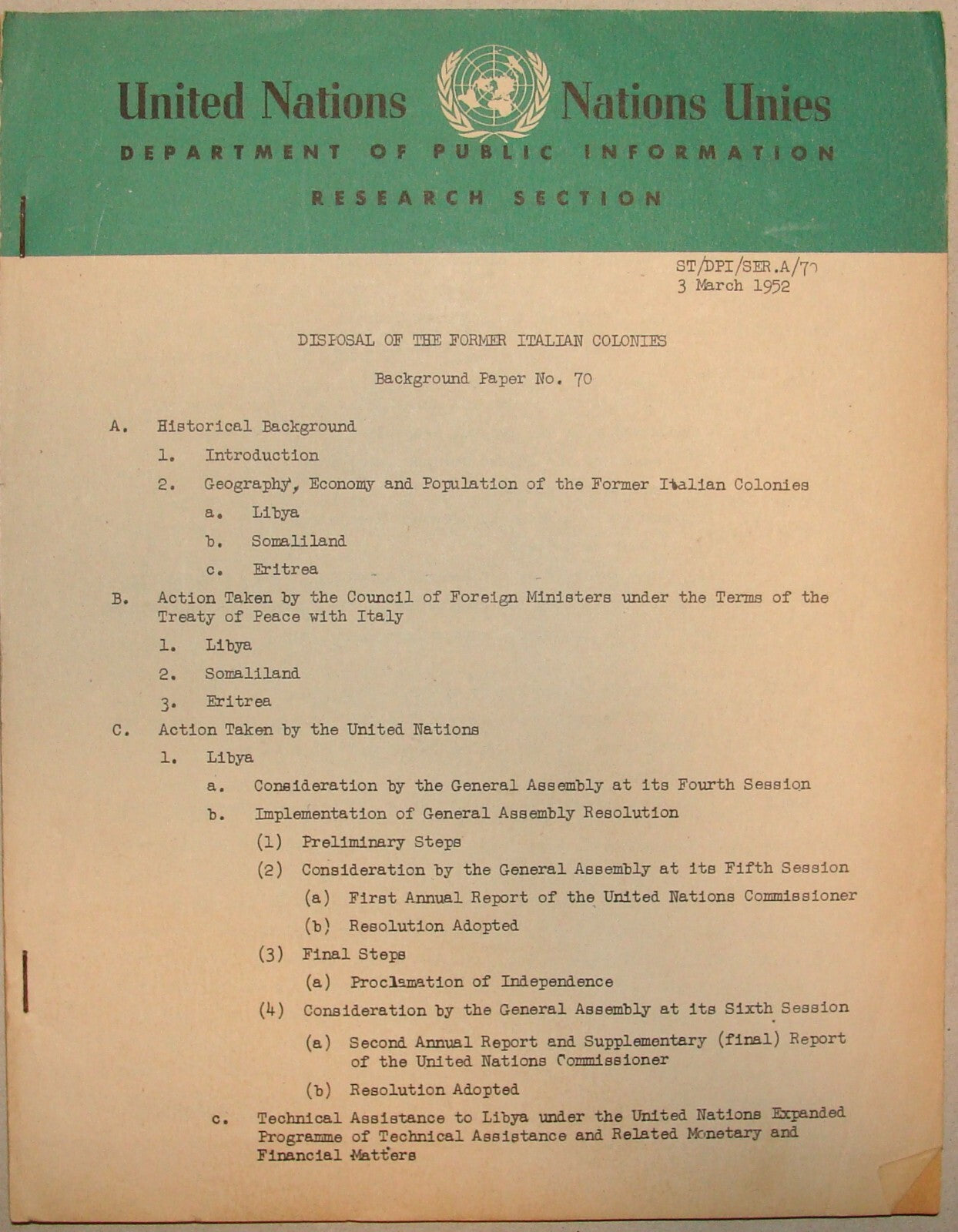 1952 United Nations DISPOSAL OF ITALIAN COLONIES Libya Somaliland Eritrea Italy