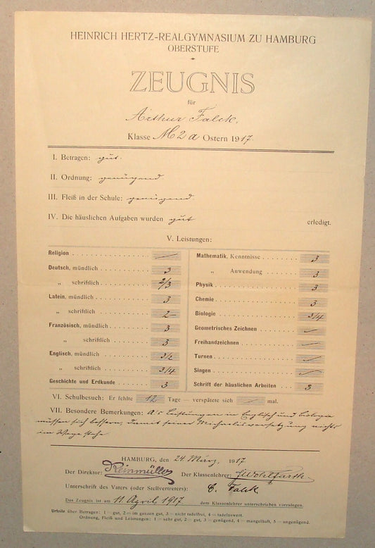 Germany 1917 Heinrich Hertz School Realgymnasium German   Hamburg Certificate
