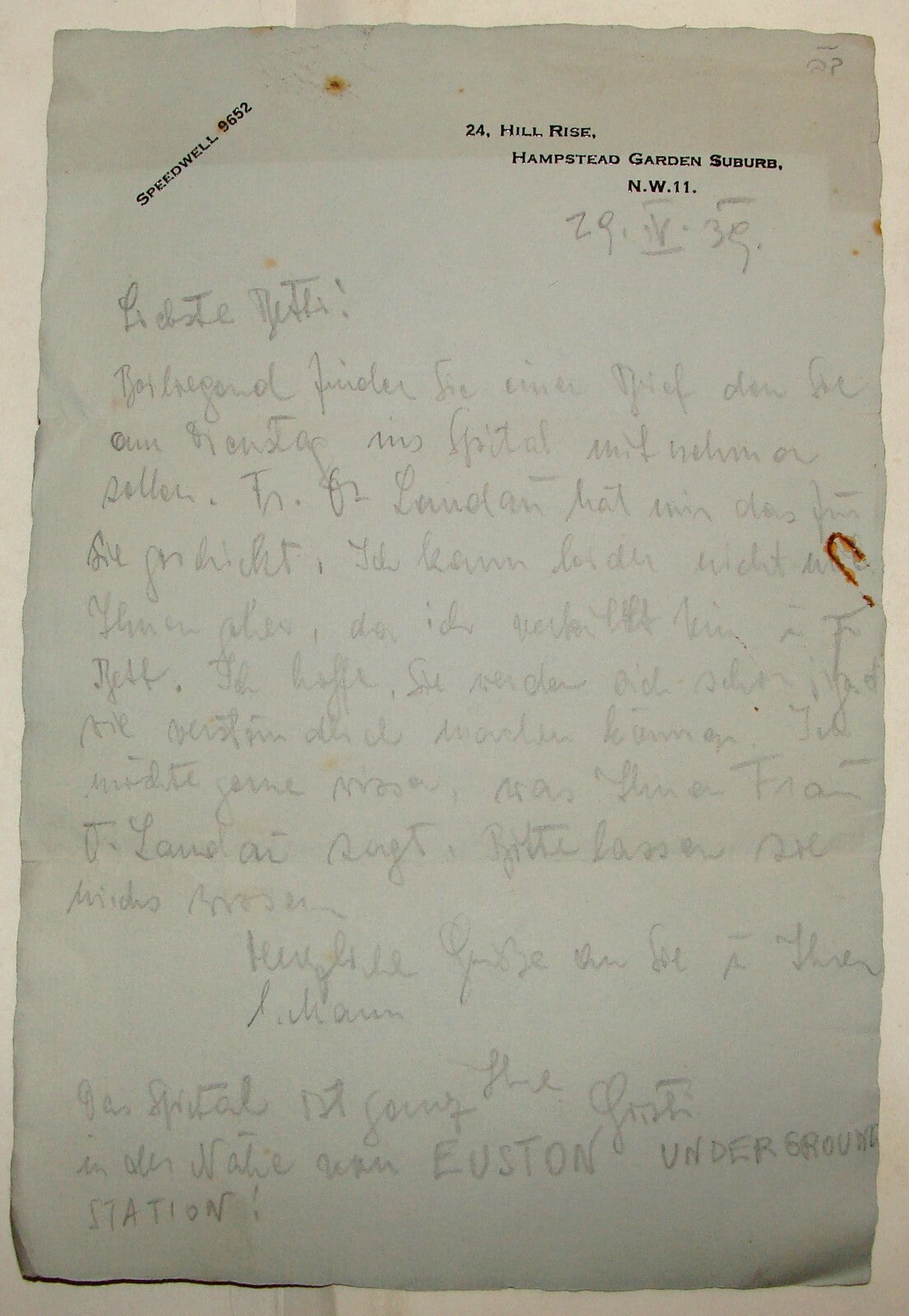 Letter Jewish Judaica 1939 England London Hebrew Back German Front