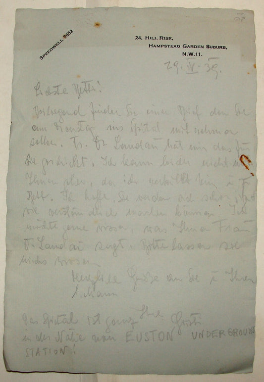 Letter Jewish Judaica 1939 England London Hebrew Back German Front