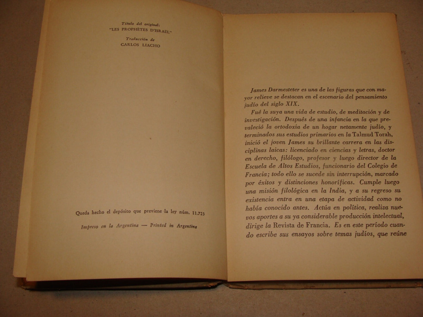 Book Jewish Judaica 1944 Israel Prophets Argentina Spanish Darmesteter