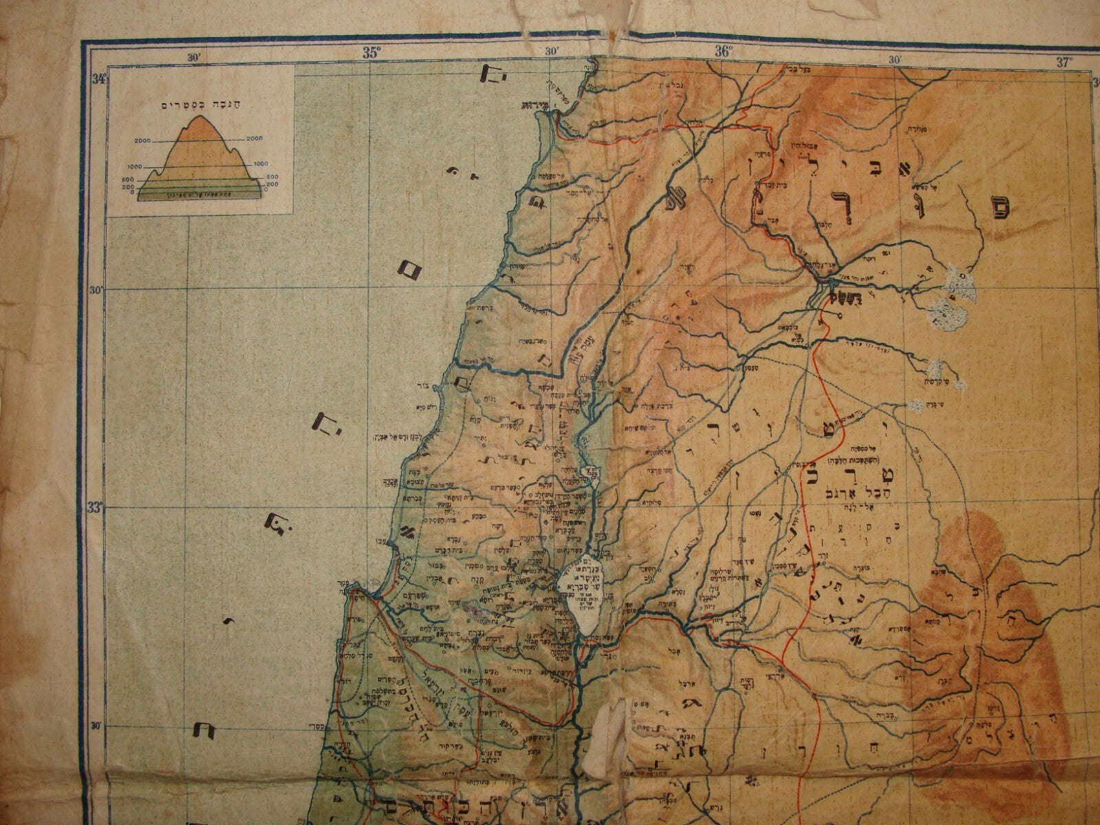 Map Palestine RARE Jewish Judaica Israel on Cloth 1920s Austria Vienna Hebrew