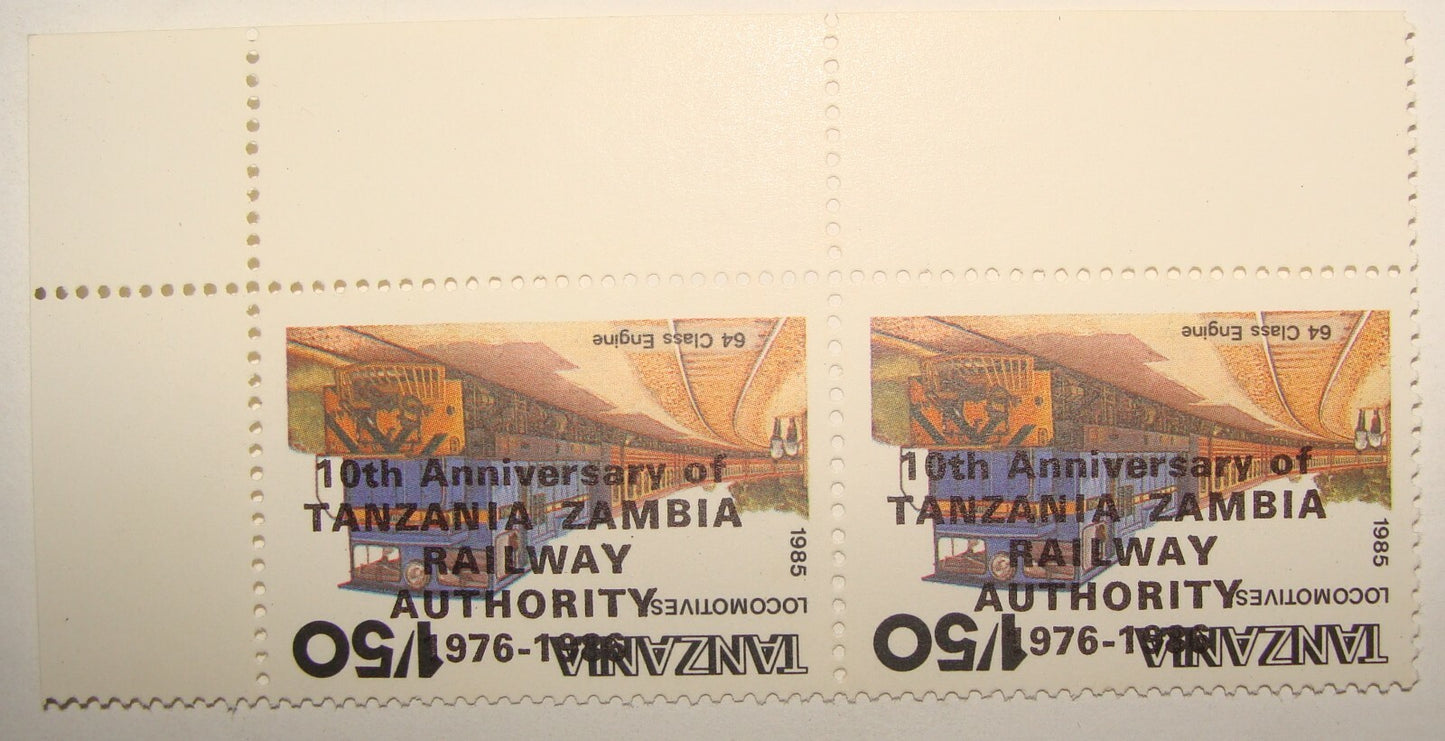 1985 Tanzania 1976-1986 Variety Railway Stamp INVERTED OVERPRINT Block