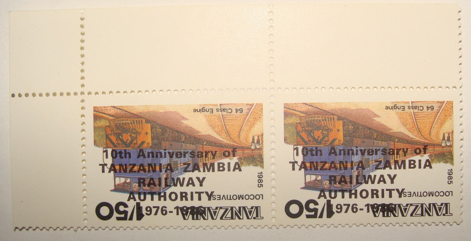 1985 Tanzania 1976-1986 Variety Railway Stamp INVERTED OVERPRINT Block