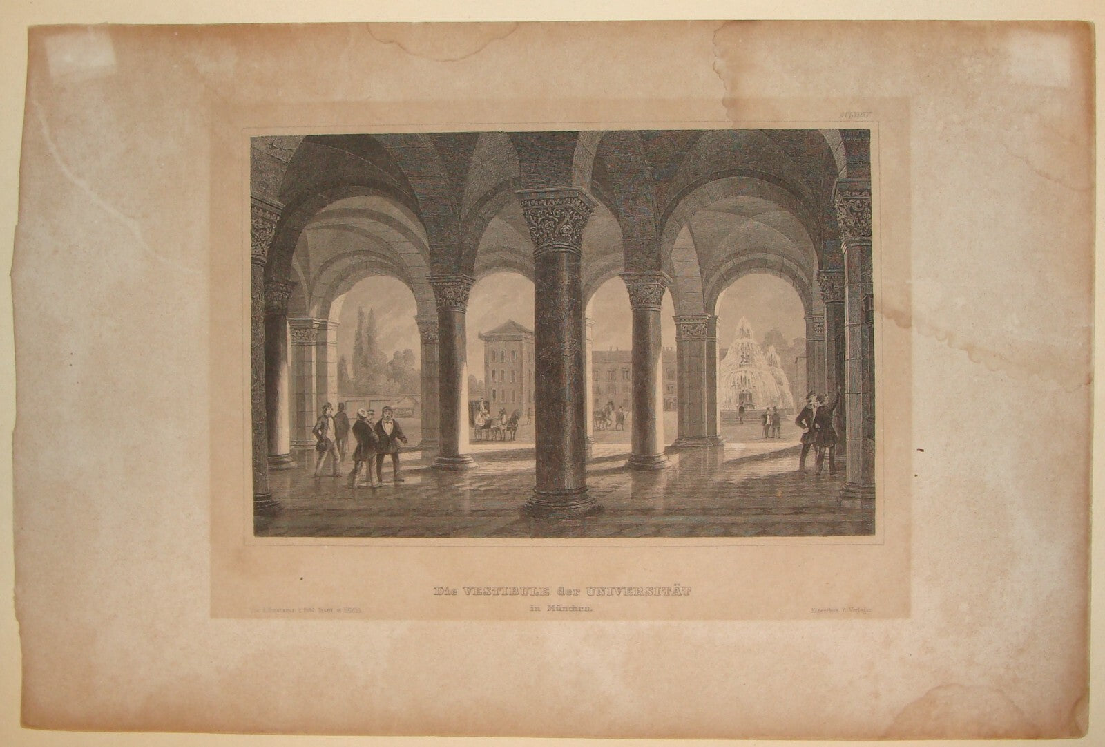Germany Antique 1850s? Etching Engraving German   Munich University Vorhallen
