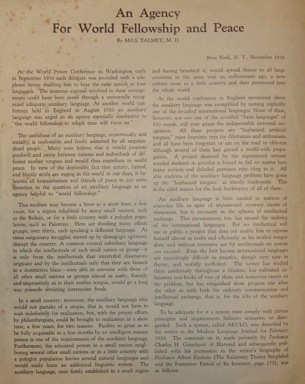 Pamphlet Jewish RARE 1936 MAX TALMEY ALBERT EINSTEIN GLORO LANGUAGE Esperanto