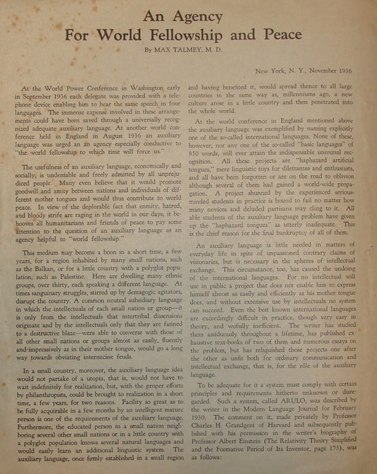 Pamphlet Jewish RARE 1936 MAX TALMEY ALBERT EINSTEIN GLORO LANGUAGE Esperanto