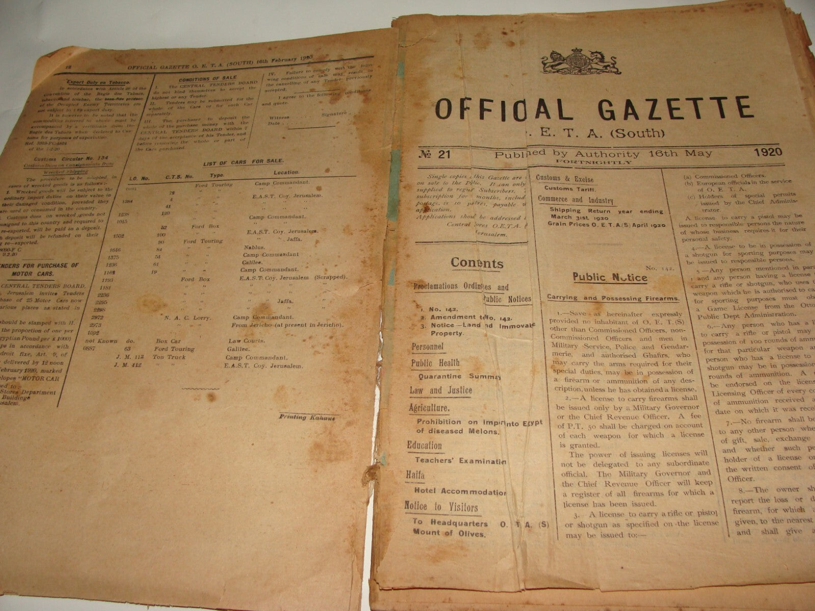 Pol Newspaper Palestine RARE British Government of Gazette OETA SOUTH 1920