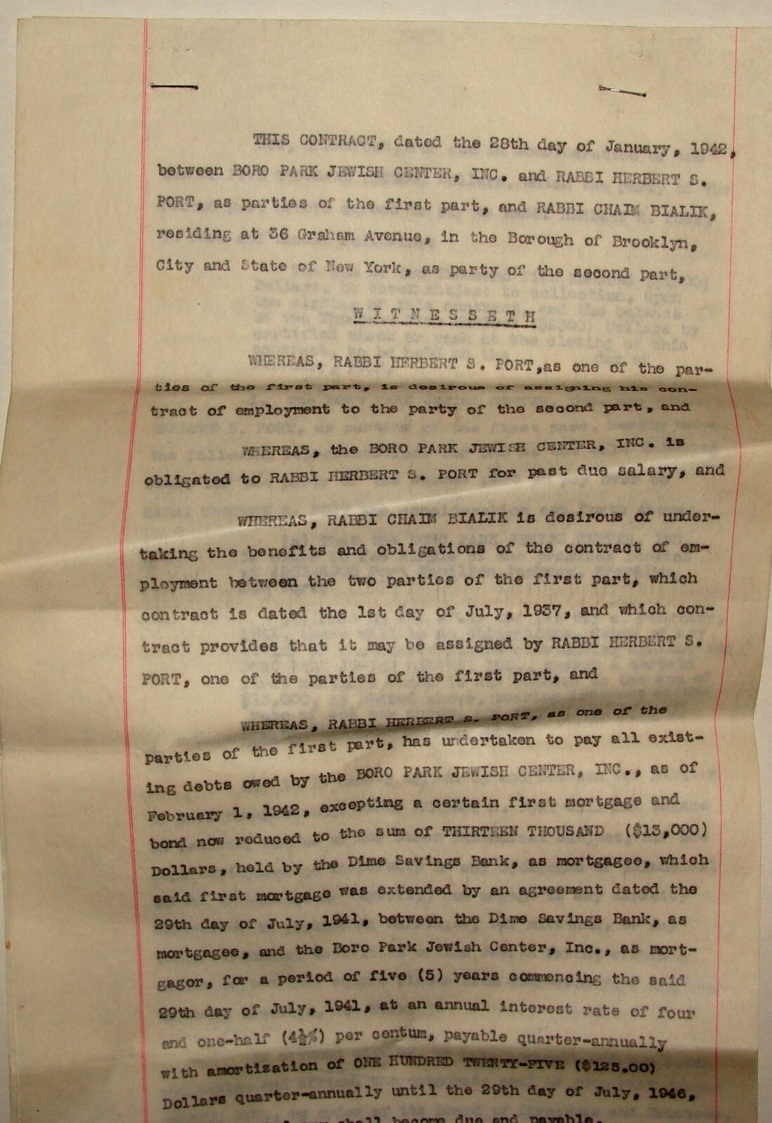 $ American 1942 Boro Park Jewish Center Contract Rabbi Herbert Port Bialik