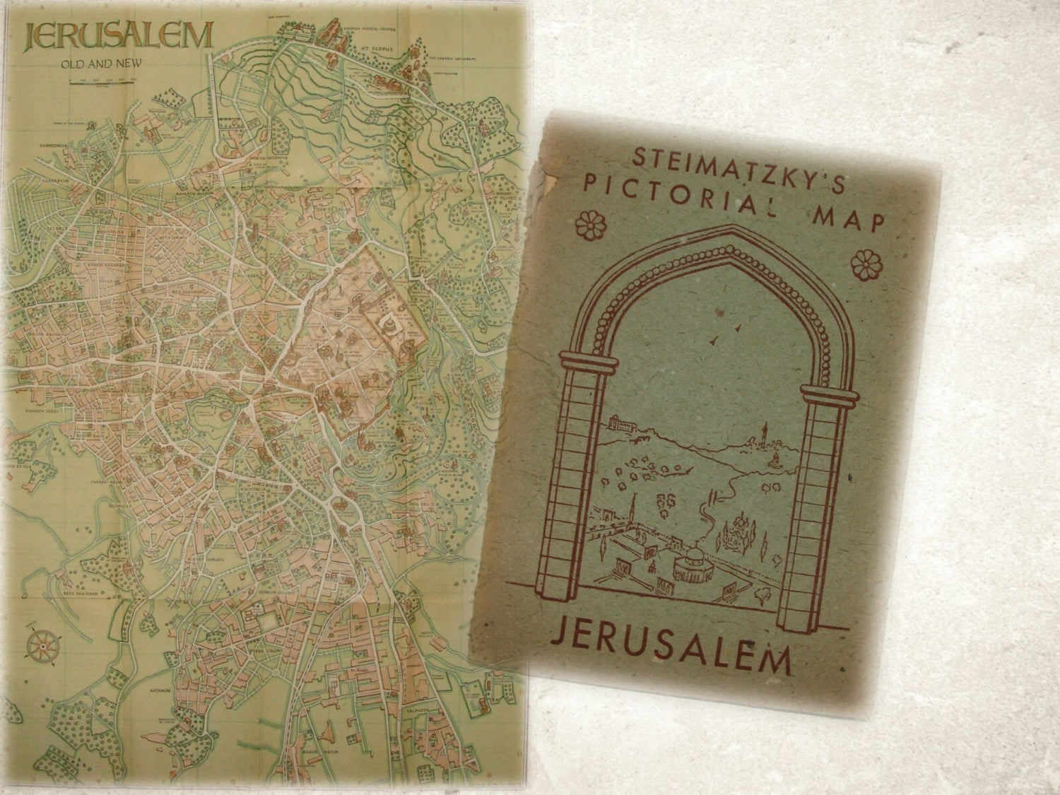 RARE 1941 Steimatzky’s Pictorial Map Jerusalem Palestine Israel Monson Litho