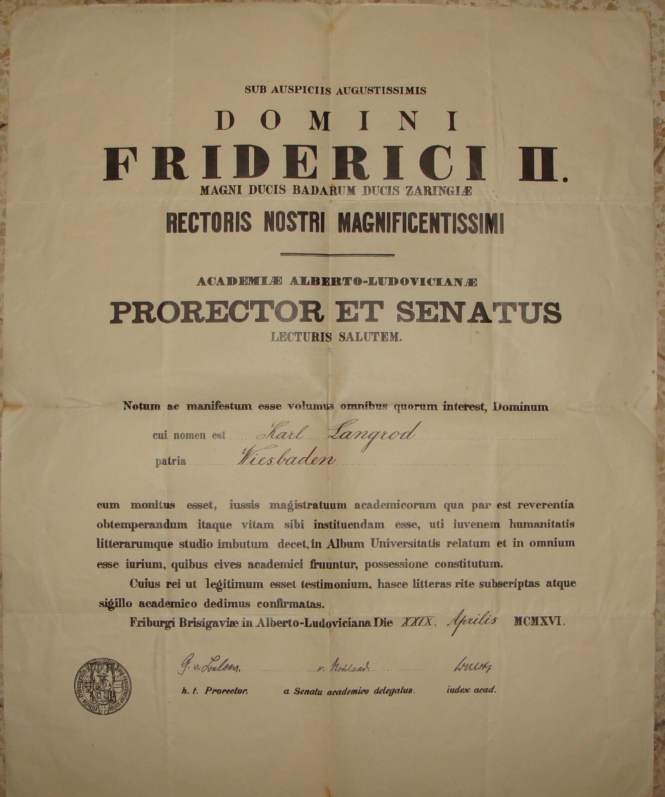 Germany 1916   University Freiburg Certificate Diploma Latin Alberto-Ludoviciana