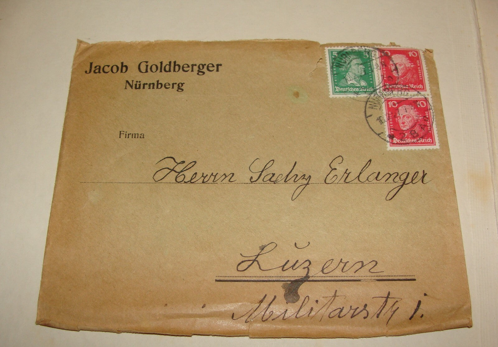 Germany Stamp Jewish Judaica 1927 Nurnberg Jacob Goldberger Cover To Switzerland