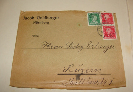 Germany Stamp Jewish Judaica 1927 Nurnberg Jacob Goldberger Cover To Switzerland