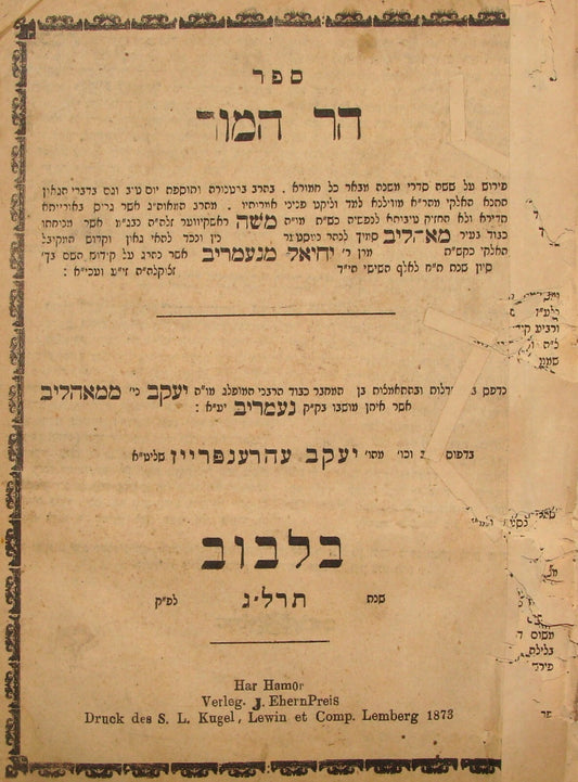 Book Jewish Judaica 1873 Lviv Lemberg Rabbi Hebrew הר המור Only Edition