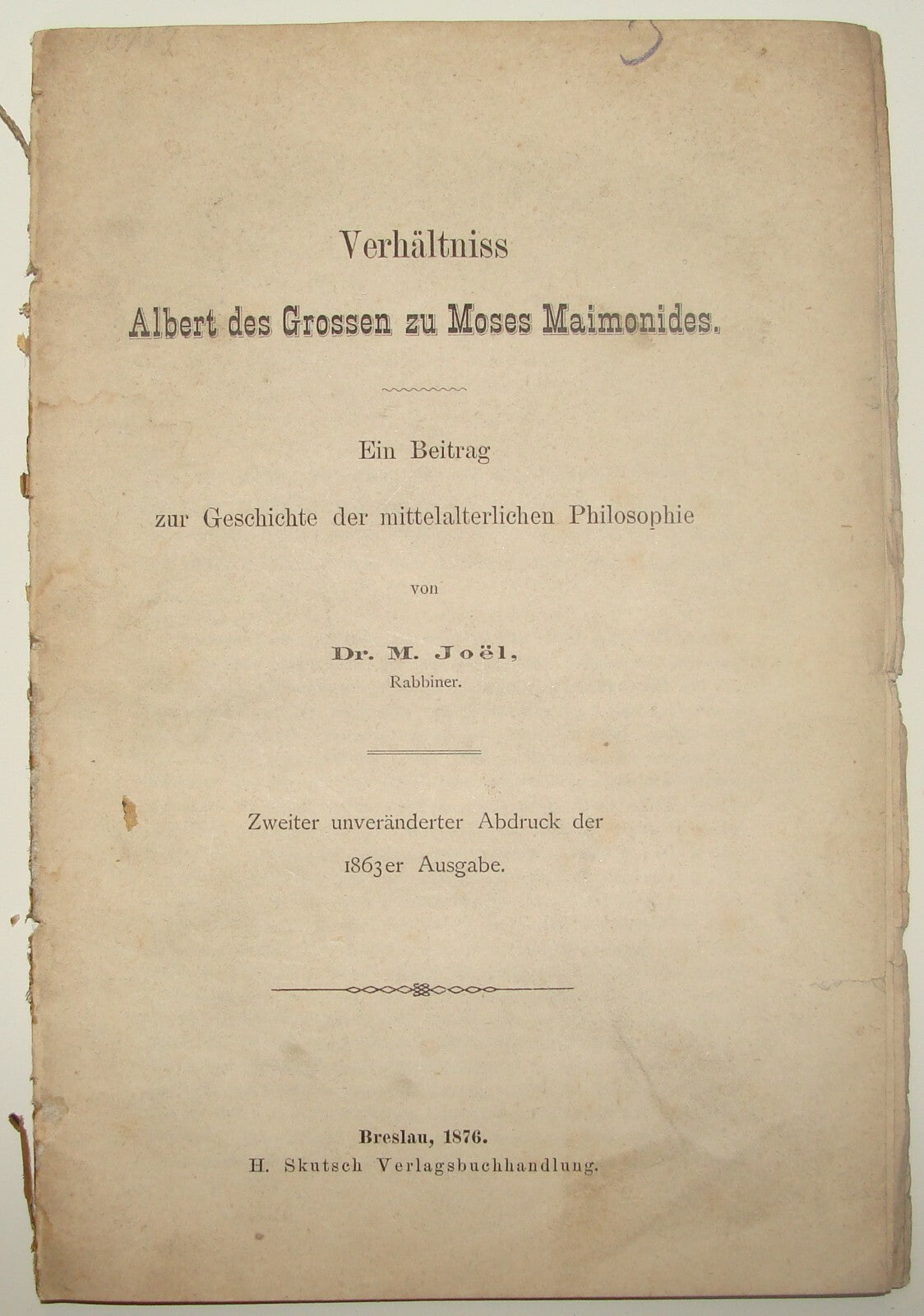 Germany Jewish Judaica Antique 1876 German   Breslau Rabbi MAIMONIDES Philosophy