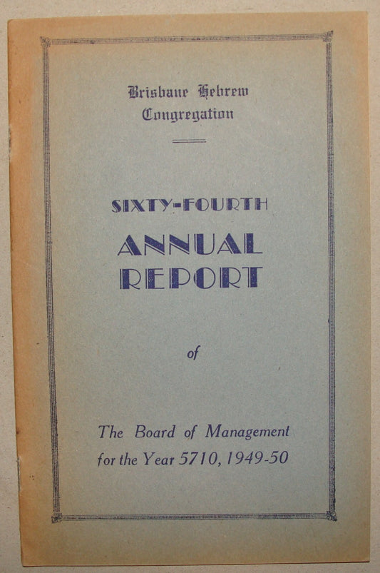 Report Jewish Judaica 1949-50 Brisbane Hebrew Congregation Australia Synagogue