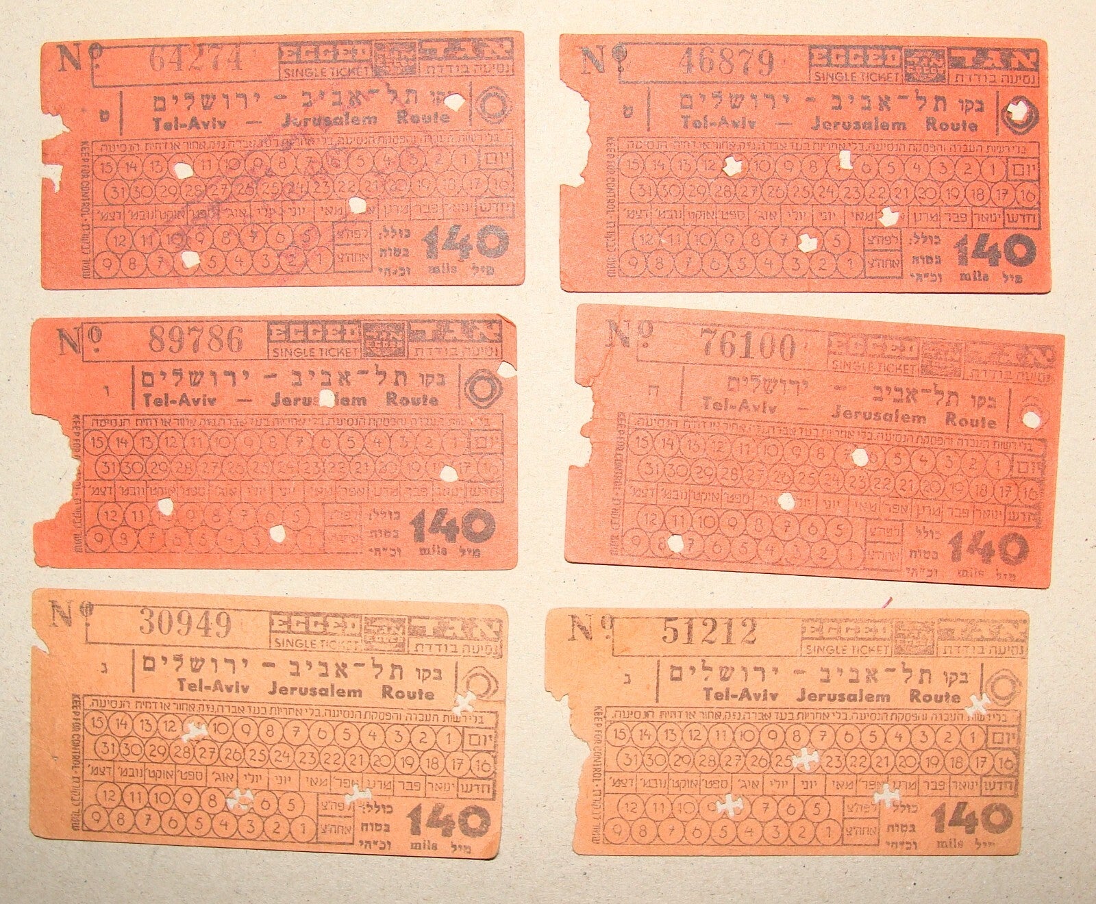 Ticket Palestine 1940s Israel Egged Bus Company Hebrew Card Jerusalem Tel Aviv