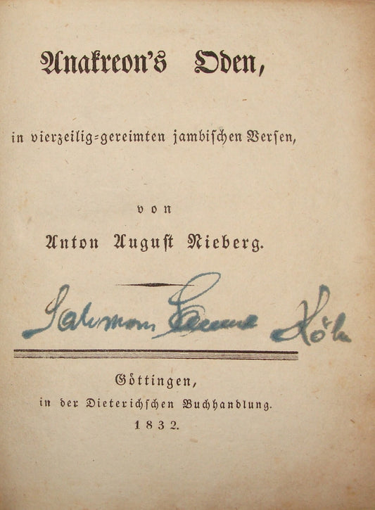 Germany anakreon's oden jambischen versen 1832 Anton Rieberg German Poetry Songs