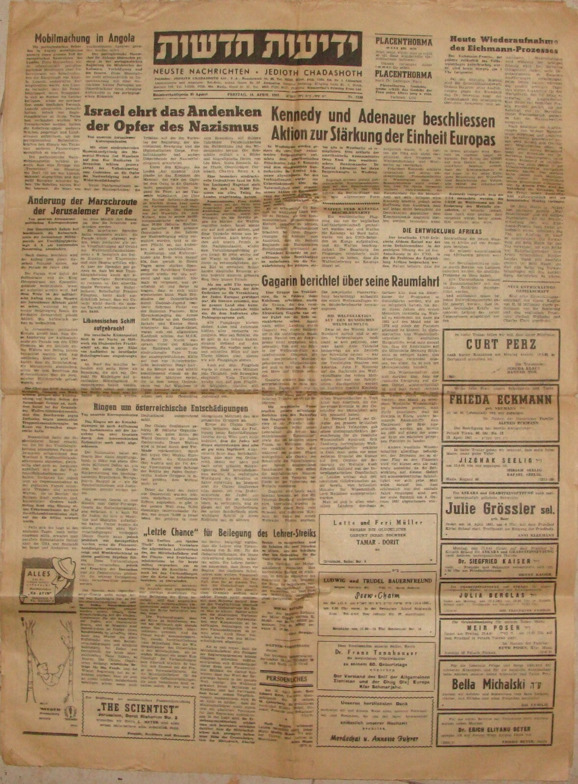 Newspaper Jewish Judaica 1961 Israel Israeli German NEUSTE NACHRICHTEN
