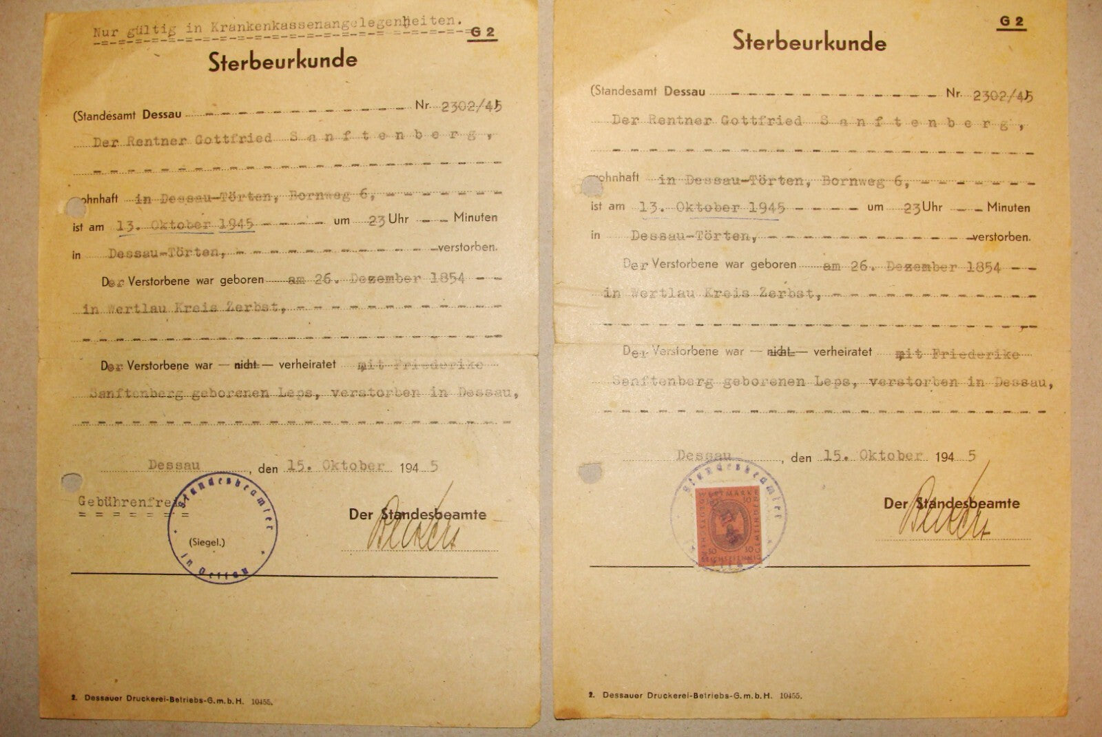 Germany Stamp Jewish 1945 German   Dessau Death Certificate Revenue SANFTENBERG