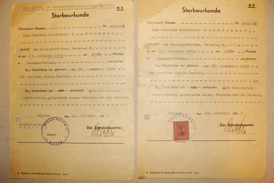 Germany Stamp Jewish 1945 German   Dessau Death Certificate Revenue SANFTENBERG