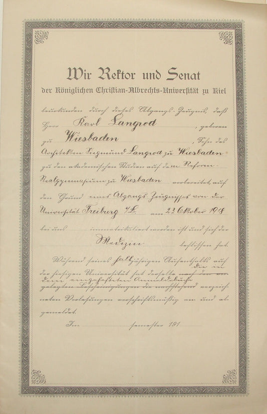 Germany 1918 German   Kiel Christian Albrechts University Certificate