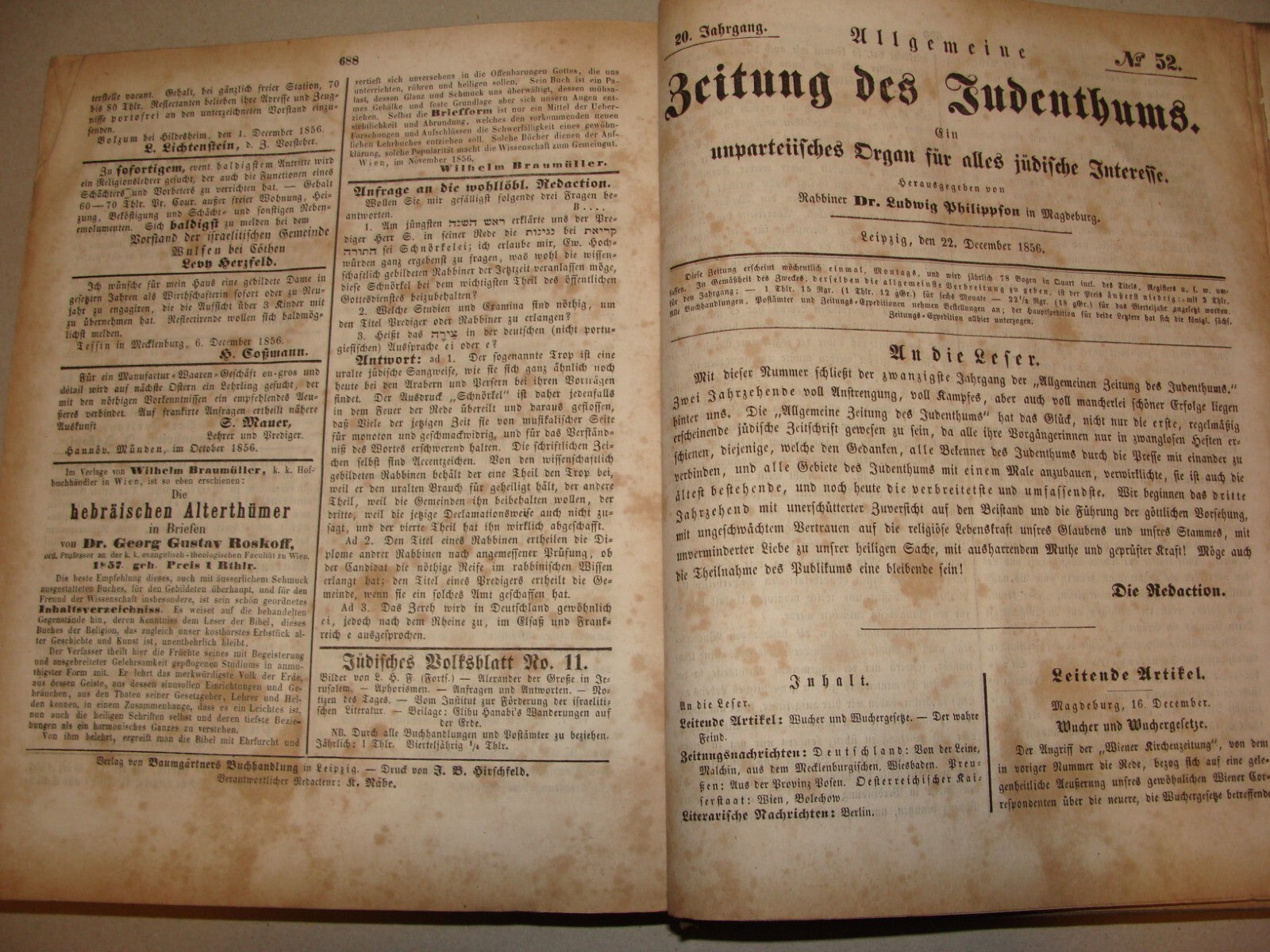 Germany Newspaper Jewish Book Judaica German Leipzig COMPLETE YEAR X52 ISSUES